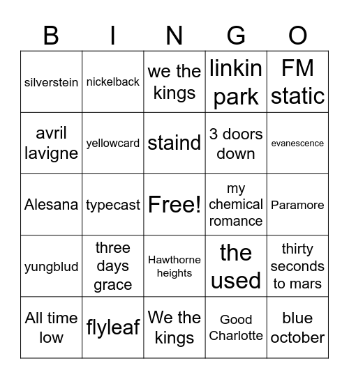 Emo bands Bingo Card