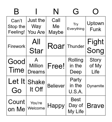Pop Music Bingo Card