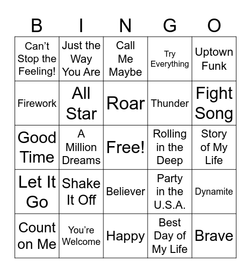 Pop Music Bingo Card