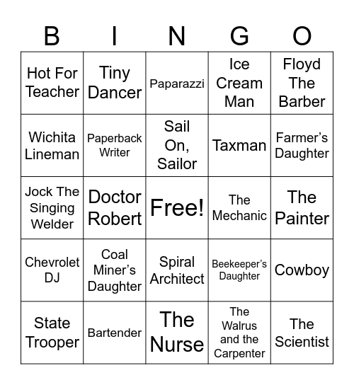 Occupation Song Titles Bingo Card