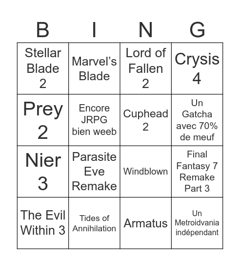 Summer Game Fest Bingo Card