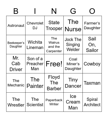 Occupation Song Titles Bingo Card