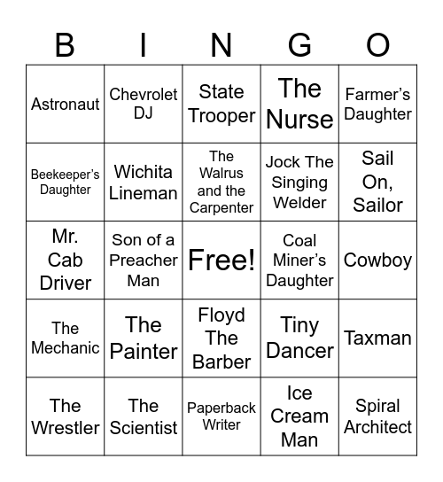 Occupation Song Titles Bingo Card