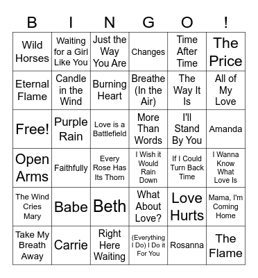 Rock Ballads Bingo Card