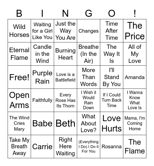 Rock Ballads Bingo Card