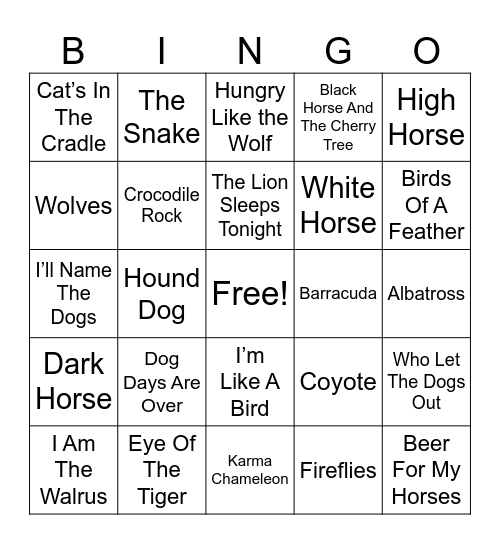 Animal Song Titles Bingo Card