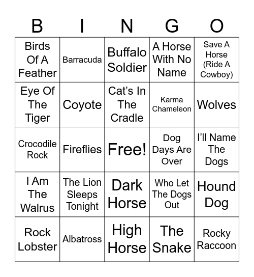 Animal Song Titles Bingo Card