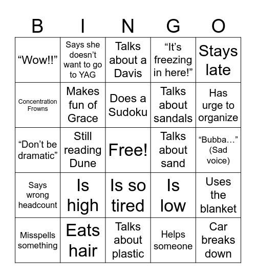 Sarah Bingo Card