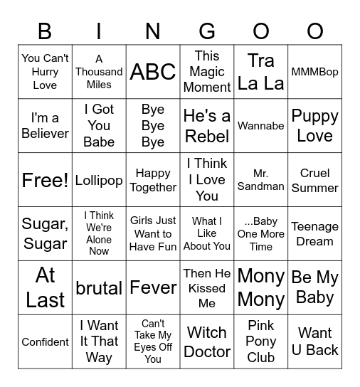 Bubblegum Pop Bingo Card