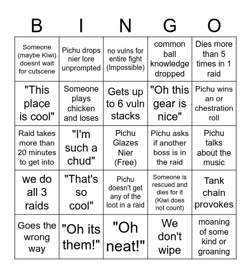 Pichu Nier raids Bingo Card