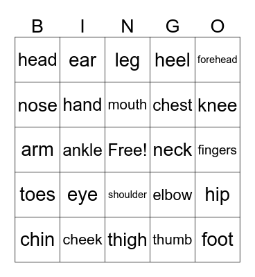 Parts of the Body Bingo Card