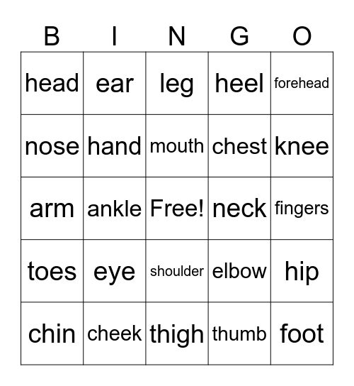 Parts of the Body Bingo Card