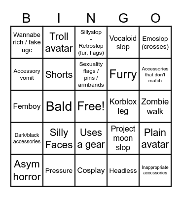 Roblox Avatar-slop Bingo Card