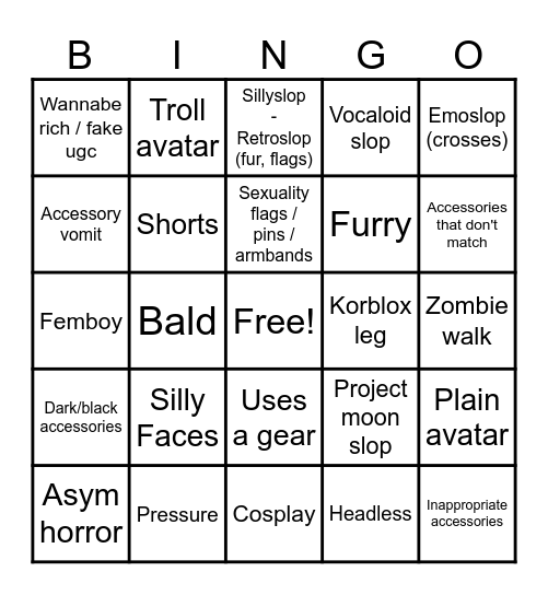 Roblox Avatar-slop Bingo Card