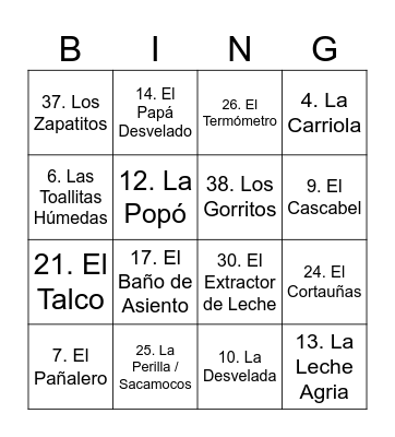 Baby shower sebastian Bingo Card