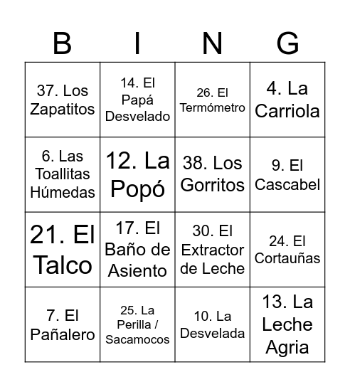 Baby shower sebastian Bingo Card