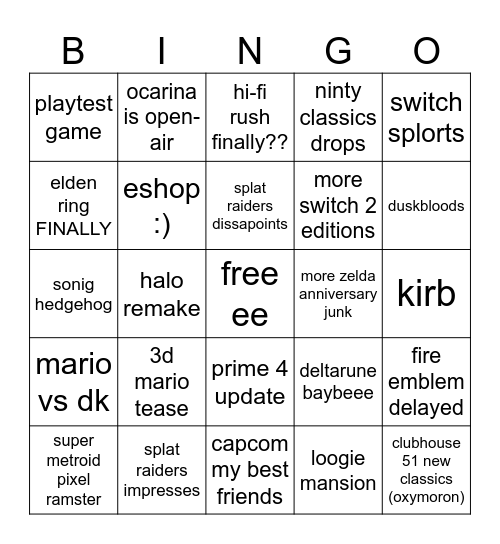 Nintendo Direct 6.9.2026 Bingo Card