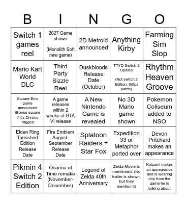 Nintendo Direct - June 2026 Bingo Card