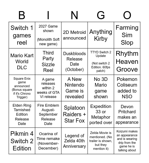 Nintendo Direct - June 2026 Bingo Card
