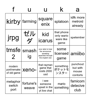 very realistic and well thought out direct bingo card for a nintendo direct that migth not even exsit Bingo Card
