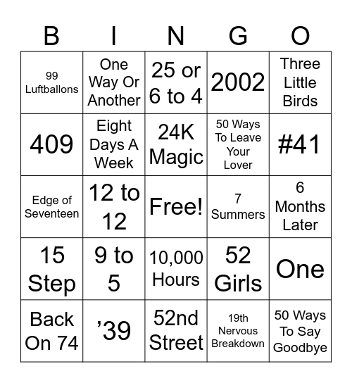 Number Song Titles Bingo Card