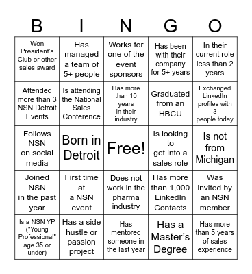 NSN Detroit Mingle Bingo Card
