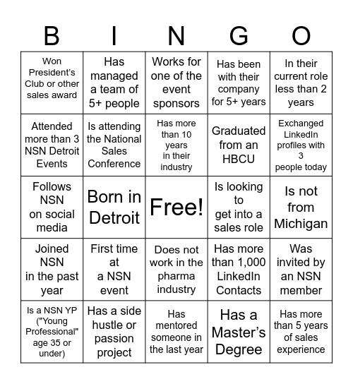 NSN Detroit Mingle Bingo Card