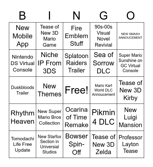 Nintendo Direct June 2026 Bingo Card