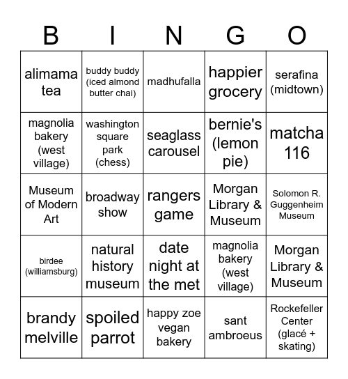 New York City Bingo Card