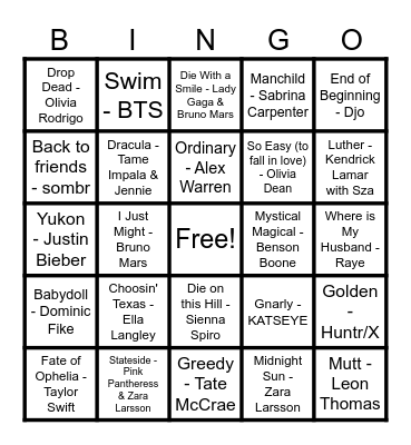 Top Hits Bingo Card