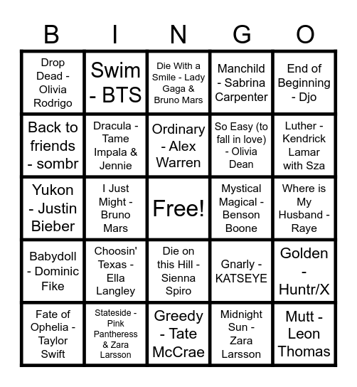 Top Hits Bingo Card