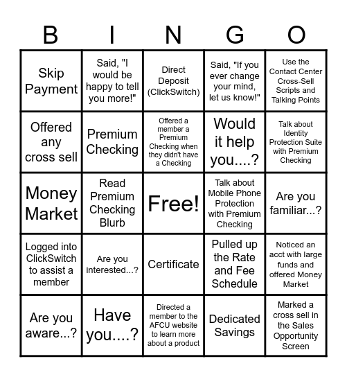 Cross Selling BINGO Card