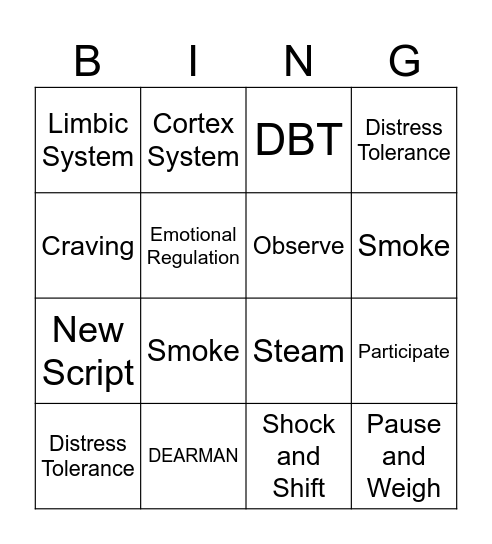 Week 1 Recovery Bingo Card