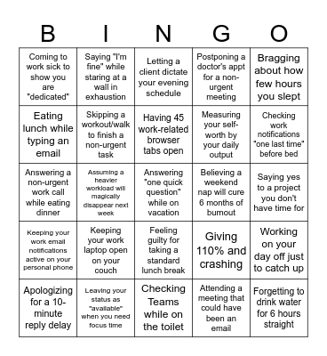 Work-Life Balance BINGO!! Bingo Card