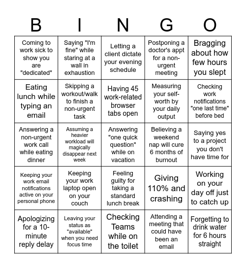 Work-Life Balance BINGO!! Bingo Card