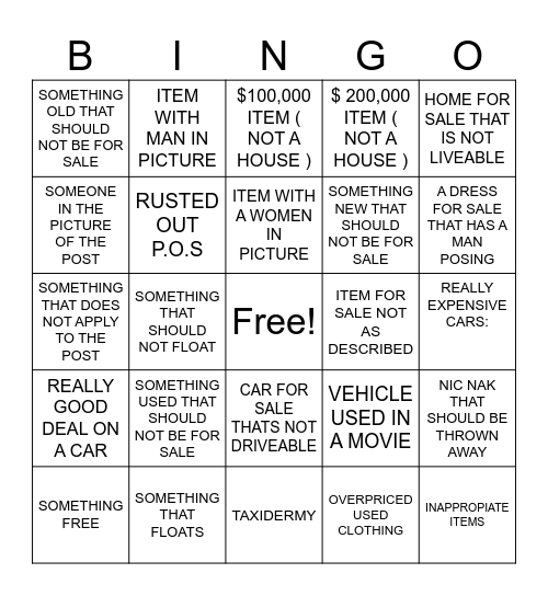 FACEBOOK MARKET PLACE BINGO Card