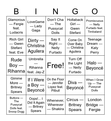 2000s Pop Princesses & Party Girls Bingo Card