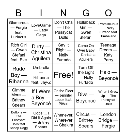 2000s Pop Princesses & Party Girls Bingo Card
