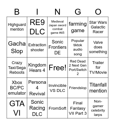 Summer Game Fest 2026 Bingo Card