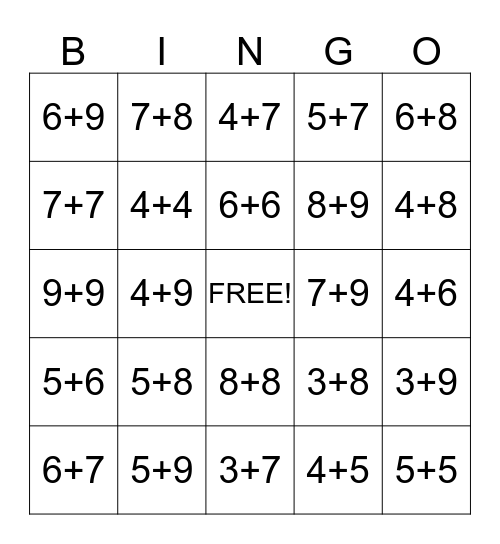 Addition Bingo Card