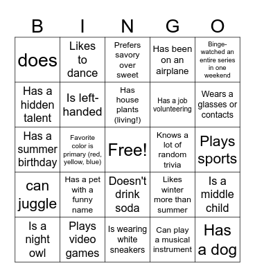 Getting To Know You Bingo Card