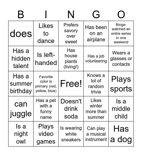 Getting To Know You Bingo Card