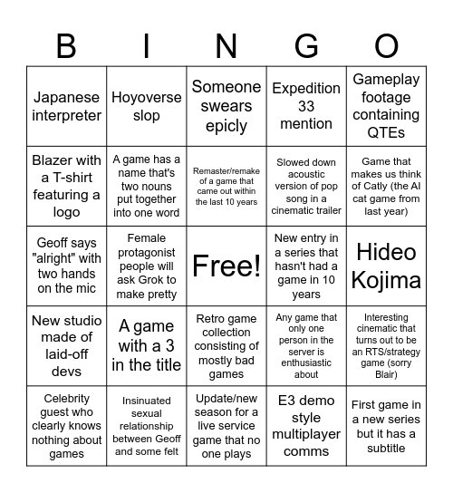 Summer Games Fest Bingo Card