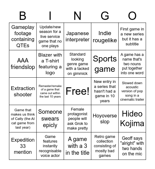 Summer Games Fest Bingo Card