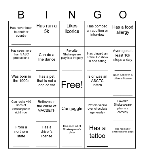 ASCTC 2026 Staff Orientation Bingo Card