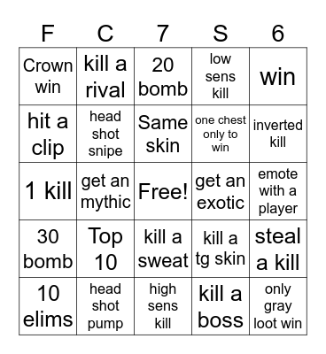 Fortnite C7S2 Bingo Card