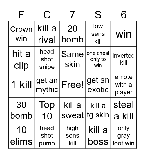 Fortnite C7S2 Bingo Card
