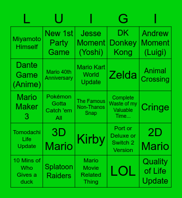 Nintendo Direct Bingo Card