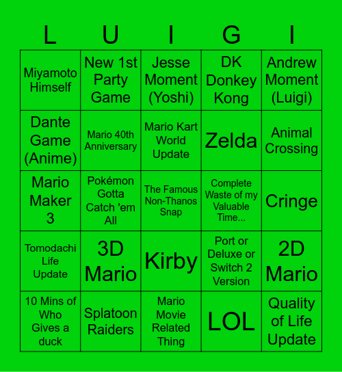 Nintendo Direct Bingo Card