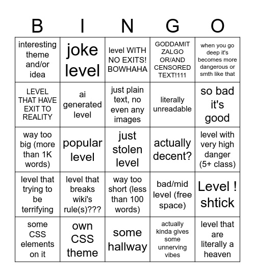 freewriting backrooms levels bingo Card